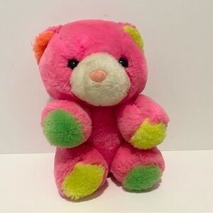 Vintage Colour Block Pink Neon Bear Plush Green Yellow Paws Stuffed Animal Toy